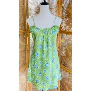 Vintage Y2K Shiny Silky Spaghetti Strap Green Dress with Blue Flower Blossoms